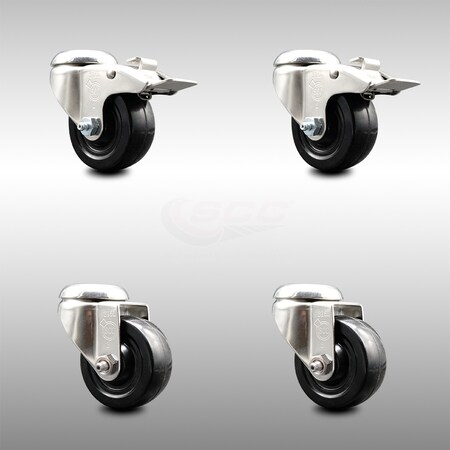 Service Caster 3.5 Inch 316SS Hard Rubber Wheel Swivel Bolt Hole Caster Set with 2 Lock Brake SCC-SS316BHTTL20S3514-HRS-2-S-2